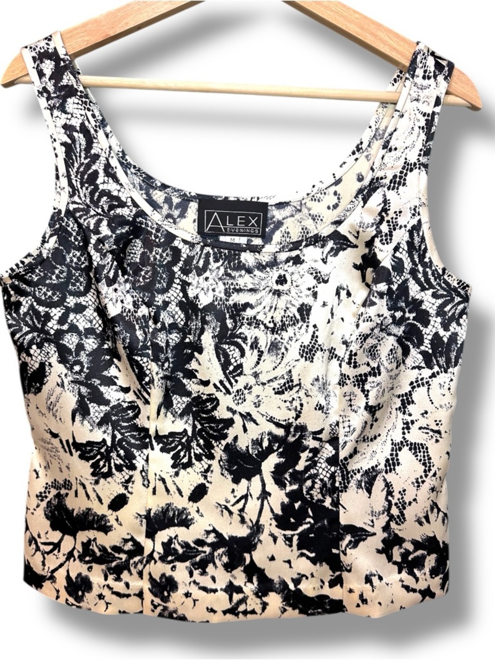 Alex Evenings Black and Cream Floral Scoop Neck Tank. Size Medium